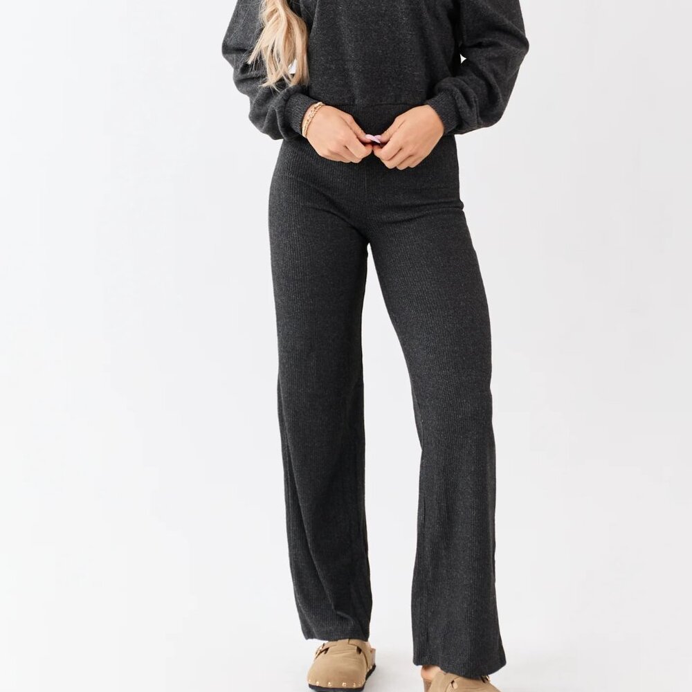 NWT Charcoal Rib Knit Elastic Waist Wide Leg Pants M